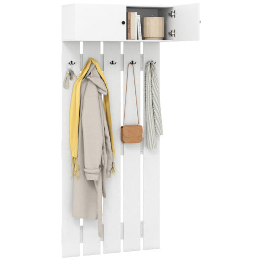Rustic brown wooden wall mounted coat rack with five metal hooks and upper storage shelf — view 8