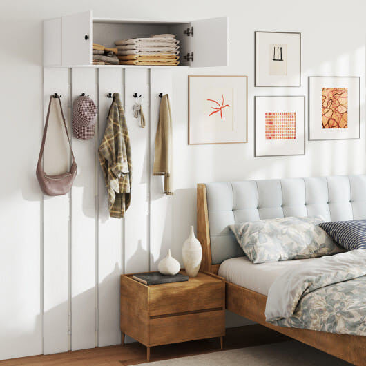 Rustic brown wooden wall mounted coat rack with five metal hooks and upper storage shelf — view 9