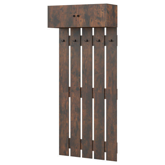 Rustic brown wooden wall mounted coat rack with five metal hooks and upper storage shelf — view 10