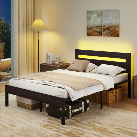 Heavy-duty full size walnut metal platform bed frame with integrated LED lighting and built-in charging station — view 2