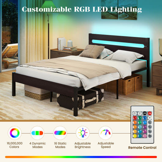 Heavy-duty full size walnut metal platform bed frame with integrated LED lighting and built-in charging station — view 3