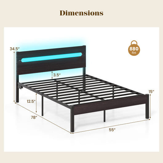 Heavy-duty full size walnut metal platform bed frame with integrated LED lighting and built-in charging station — view 4