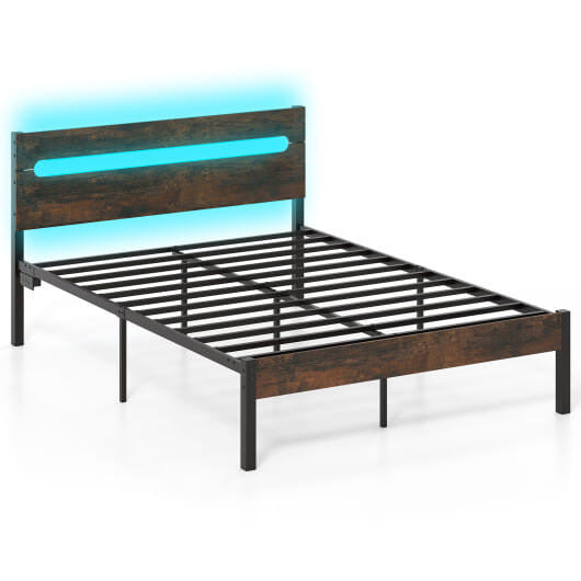 Heavy-duty full size walnut metal platform bed frame with integrated LED lighting and built-in charging station — view 5