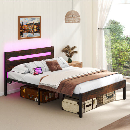 Heavy-duty full size walnut metal platform bed frame with integrated LED lighting and built-in charging station — view 6