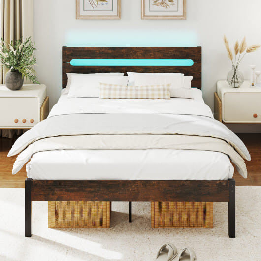 Heavy-duty full size walnut metal platform bed frame with integrated LED lighting and built-in charging station — view 7