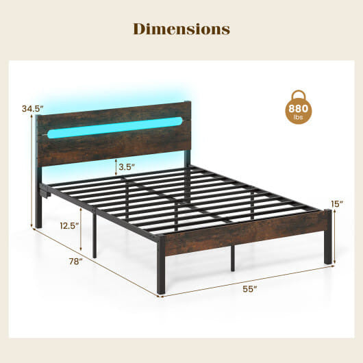 Heavy-duty full size walnut metal platform bed frame with integrated LED lighting and built-in charging station — view 8