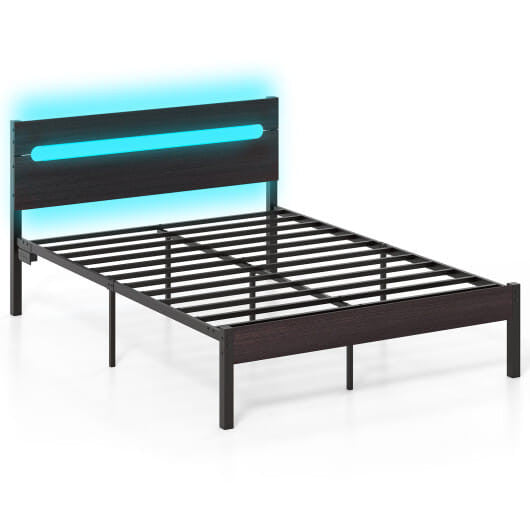 Heavy-duty full size walnut metal platform bed frame with integrated LED lighting and built-in charging station — view 9