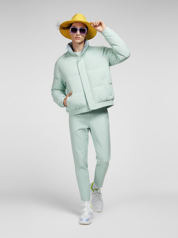Men's mint green puffer jacket featuring a high collar, lightweight quilted fabric, and minimalist design. — view 3