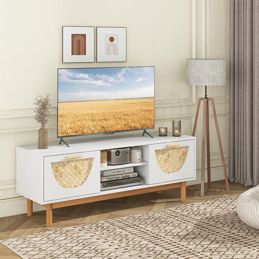 Mid-century modern TV stand with solid wood legs and two natural bamboo woven front drawers