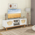 Mid-century modern TV stand with solid wood legs and two natural bamboo woven front drawers