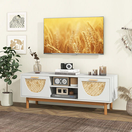 Mid-century modern TV stand with solid wood legs and two natural bamboo woven front drawers — view 2