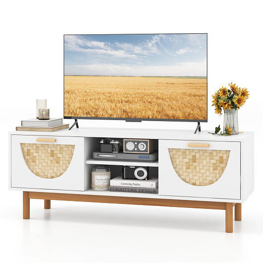 Mid-century modern TV stand with solid wood legs and two natural bamboo woven front drawers — view 3