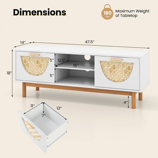 Mid-century modern TV stand with solid wood legs and two natural bamboo woven front drawers — view 4