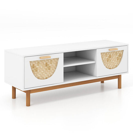 Mid-century modern TV stand with solid wood legs and two natural bamboo woven front drawers — view 5