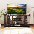 Industrial rustic brown wooden TV stand with metal frame and 3-tier open storage shelves.