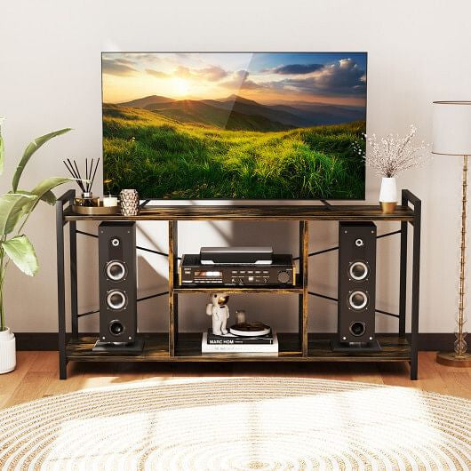 Industrial rustic brown wooden TV stand with metal frame and 3-tier open storage shelves.