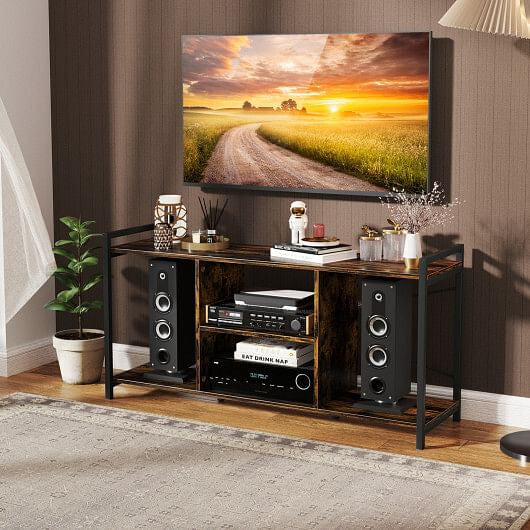 Industrial rustic brown wooden TV stand with metal frame and 3-tier open storage shelves. — view 2