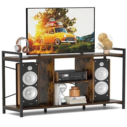 Industrial rustic brown wooden TV stand with metal frame and 3-tier open storage shelves. — view 3