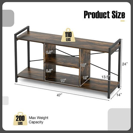 Industrial rustic brown wooden TV stand with metal frame and 3-tier open storage shelves. — view 4