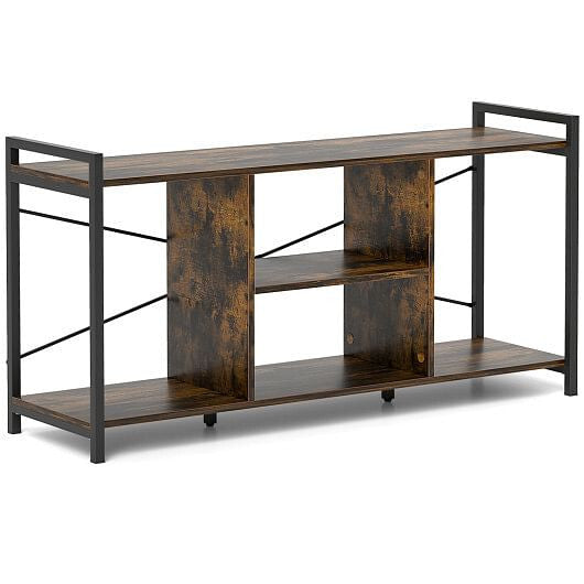 Industrial rustic brown wooden TV stand with metal frame and 3-tier open storage shelves. — view 5