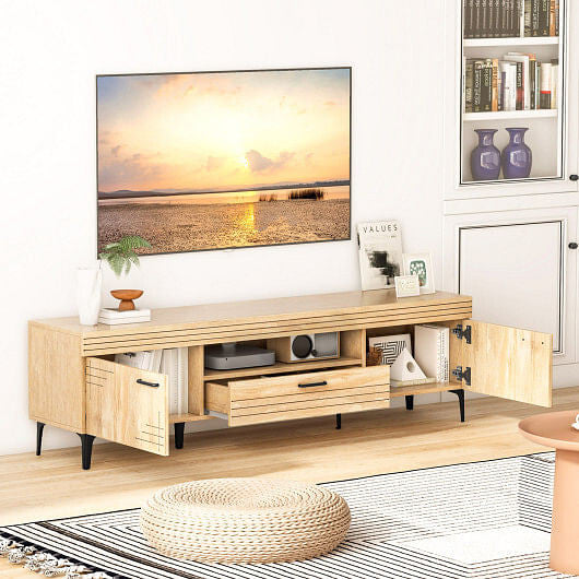 Oak TV stand for 65 inch TVs with two cabinets, central drawer, and sturdy metal legs — view 2