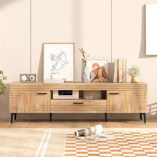 Oak TV stand for 65 inch TVs with two cabinets, central drawer, and sturdy metal legs — view 4
