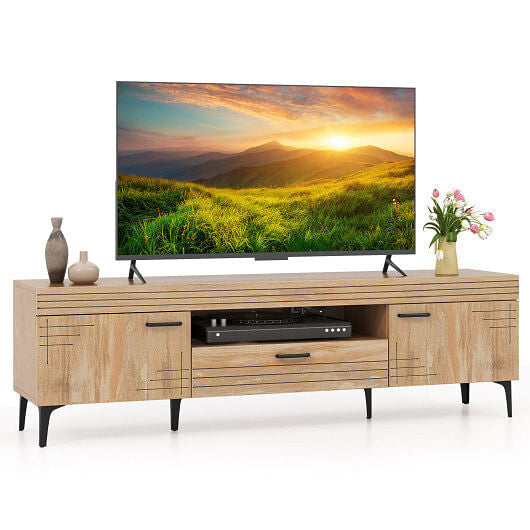 Oak TV stand for 65 inch TVs with two cabinets, central drawer, and sturdy metal legs — view 5