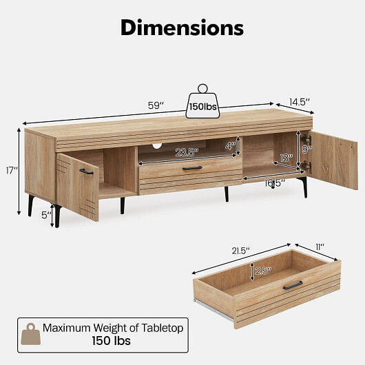 Oak TV stand for 65 inch TVs with two cabinets, central drawer, and sturdy metal legs — view 3