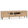 Oak TV stand for 65 inch TVs with two cabinets, central drawer, and sturdy metal legs