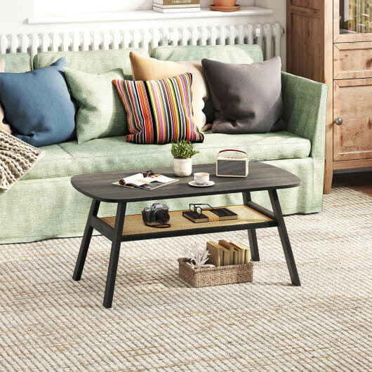 Dark gray 2-tier rectangular center coffee table with woven rattan storage shelf and rubber wood legs — view 2