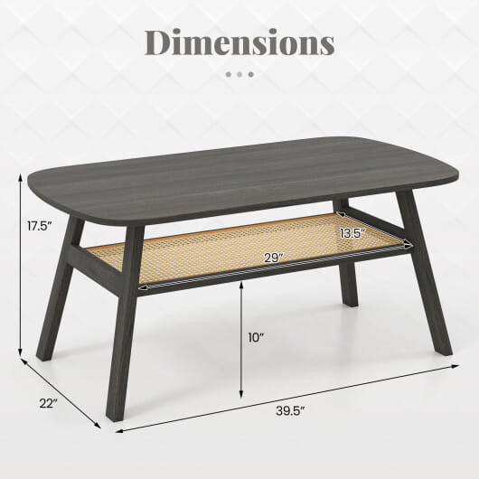Dark gray 2-tier rectangular center coffee table with woven rattan storage shelf and rubber wood legs — view 3