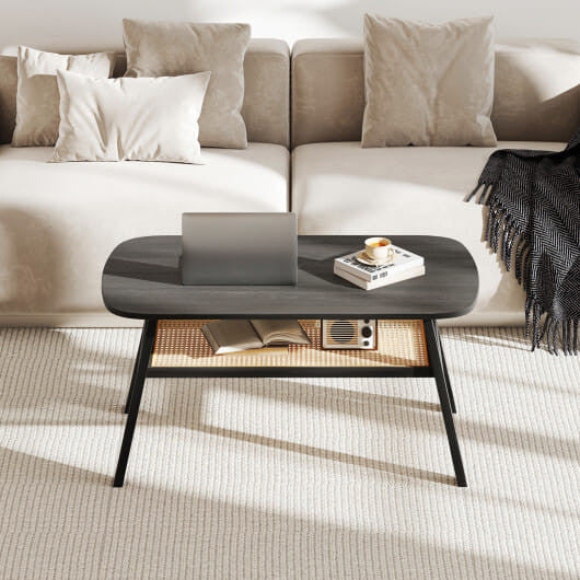 Dark gray 2-tier rectangular center coffee table with woven rattan storage shelf and rubber wood legs — view 4