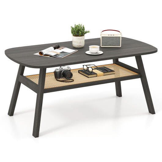 Dark gray 2-tier rectangular center coffee table with woven rattan storage shelf and rubber wood legs — view 5