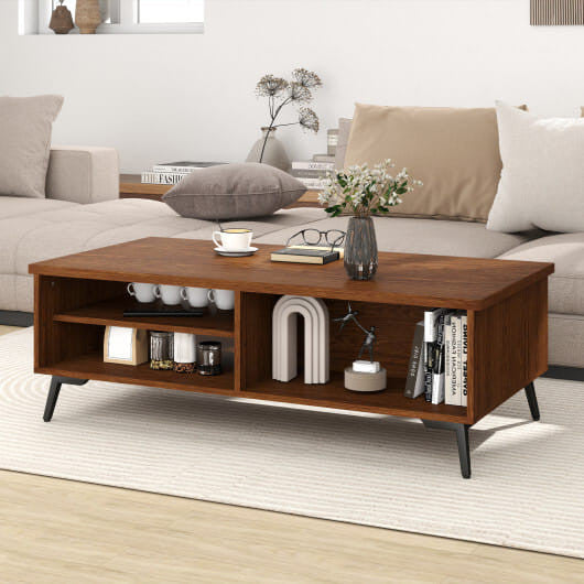 Mid century modern walnut coffee table with 2-tier storage shelves and heavy-duty black metal legs