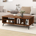 Mid century modern walnut coffee table with 2-tier storage shelves and heavy-duty black metal legs