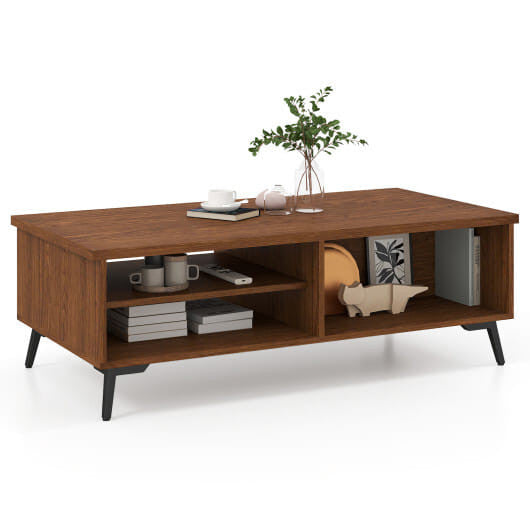 Mid century modern walnut coffee table with 2-tier storage shelves and heavy-duty black metal legs — view 2