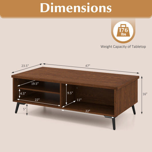 Mid century modern walnut coffee table with 2-tier storage shelves and heavy-duty black metal legs — view 3