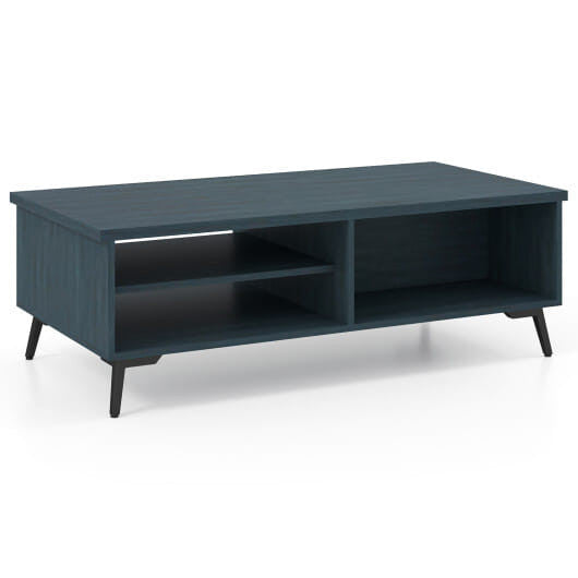 Mid century modern walnut coffee table with 2-tier storage shelves and heavy-duty black metal legs — view 4