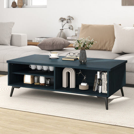 Mid century modern walnut coffee table with 2-tier storage shelves and heavy-duty black metal legs — view 5