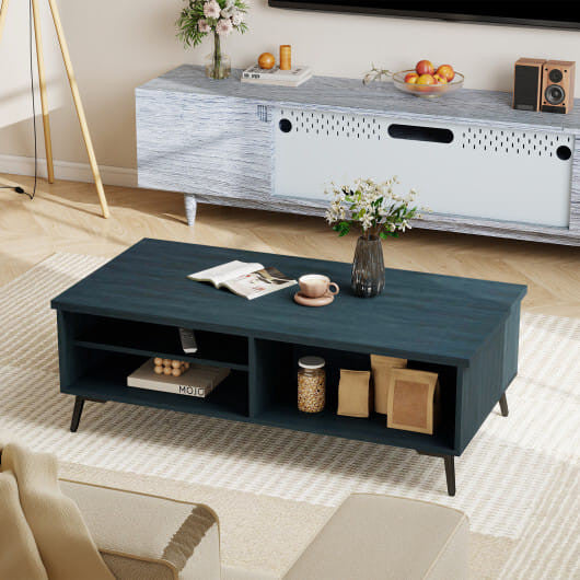 Mid century modern walnut coffee table with 2-tier storage shelves and heavy-duty black metal legs — view 6