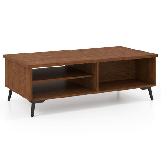 Mid century modern walnut coffee table with 2-tier storage shelves and heavy-duty black metal legs — view 8