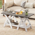 Grey 40 inch wooden farmhouse coffee table with X-shaped legs and two-tier open storage shelf