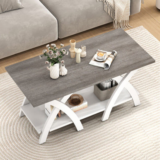 Grey 40 inch wooden farmhouse coffee table with X-shaped legs and two-tier open storage shelf — view 2