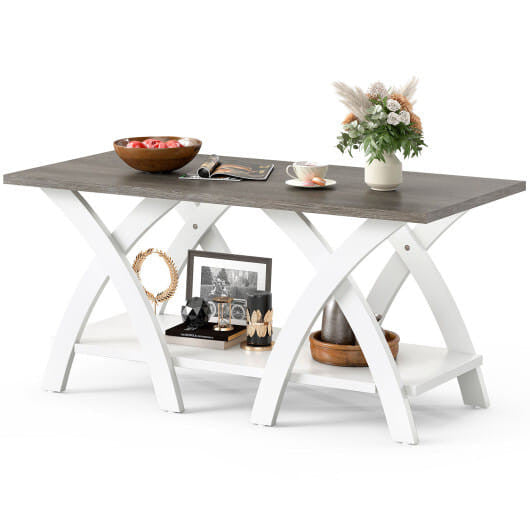 Grey 40 inch wooden farmhouse coffee table with X-shaped legs and two-tier open storage shelf — view 3