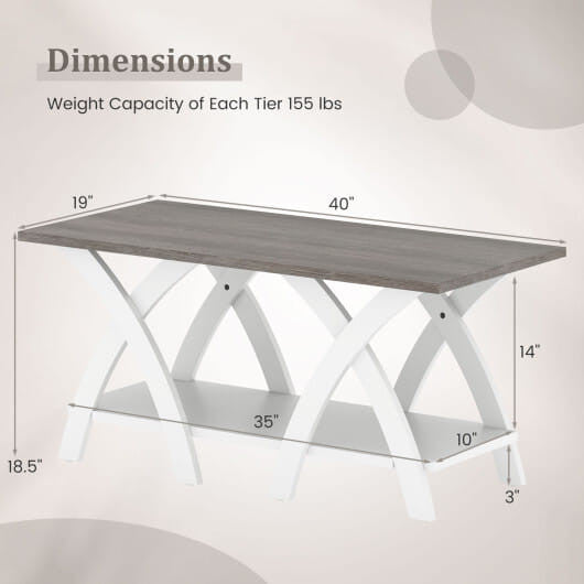Grey 40 inch wooden farmhouse coffee table with X-shaped legs and two-tier open storage shelf — view 4