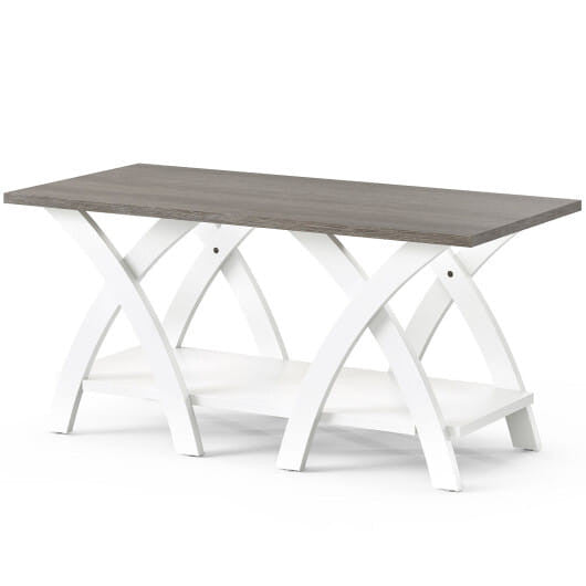 Grey 40 inch wooden farmhouse coffee table with X-shaped legs and two-tier open storage shelf — view 5