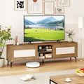 Oak fluted TV stand with concealed cabinets open shelves and raised metal legs