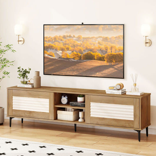 Oak fluted TV stand with concealed cabinets open shelves and raised metal legs — view 2