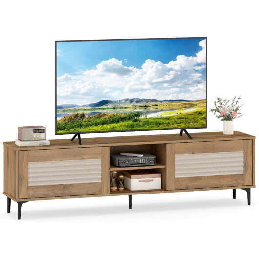 Oak fluted TV stand with concealed cabinets open shelves and raised metal legs — view 3