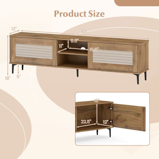 Oak fluted TV stand with concealed cabinets open shelves and raised metal legs — view 4
